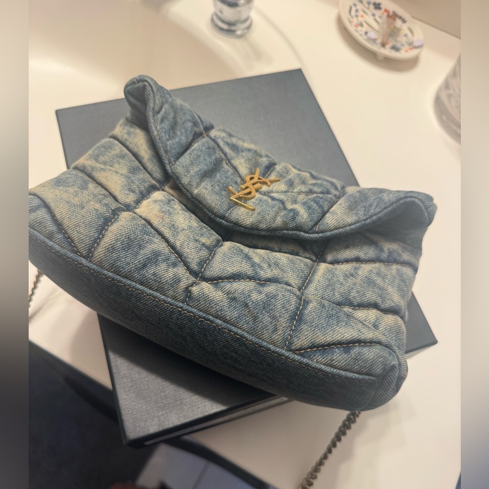 Saint Laurent Quilted Denim Shoulder Bag in Washed Blue with Gold Hardware
